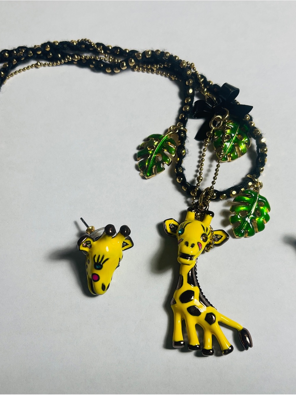 Betsey Johnson Yellow Giraffe Necklace & Earring Set with Green Leaf Charms